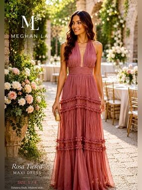 Meghan LA Rosa Tiered Halter Maxi Dress in Dusty Rose